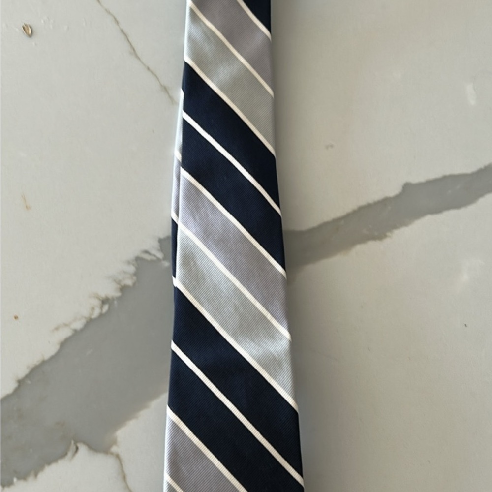Thom Browne Navy and Light Gray Striped Silk Tie